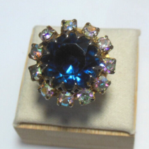 Antique Gold-tone Large Blue Faceted Stone &amp; Rhinestone Adjustable ring - $33.41