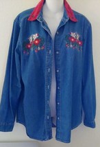 WOMENS Vtg Bobbie Brooks Denim Cat Embroidered Christmas Shirt Red Medium - £12.64 GBP