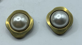 Celia Sebiri Large Bronze Faux Pearl Stone Clip Earrings Signed Gold - £20.50 GBP
