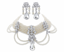 Pear Cut And Round Crystal Pearl Earrings And Choker Necklace Set Gold Tone - £79.74 GBP