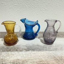 Lot Of 3 Vintage Cobalt Blue, Purple And Amber Crackle Glass Pitchers Hand Blown - £15.56 GBP