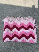 VTG Handmade Chevron ZigZag Crochet Afghan Blanket Throw Pink/Red 80 x 52 Stains - £36.96 GBP