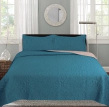 Santee Turquoise &amp; Dark Gray Color Reversible Bedspread Set 3 Pcs King Size - $49.49