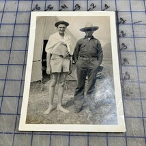 Vintage Photograph Two Men Straw Hat Cut Off Shorts 1940s - $6.29