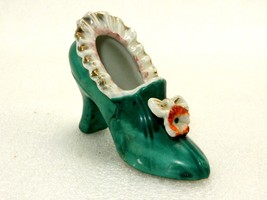 Lady&#39;s Shoe Figurine, Turquoise Flower &amp; Bow, Ruffles, Planter/Trinkets, Vintage - £11.57 GBP