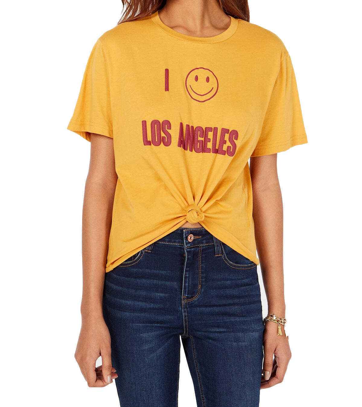 Primary image for Rebellious One Juniors Los Angeles Tie Front Graphic T-Shirt,Mustard,Large