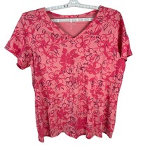 Woman Within Pink Floral V-Neck T-Shirt 18/20 L 100% Cotton Short Sleeve Top - $14.00