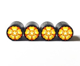 Golden Flower Blossom Emoji Tire Valve Stem Caps - Black Aluminum - Set ... - £12.56 GBP