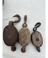 3 Vintage Wooden single/double PULLEY BLOCK &amp; TACKLE 2 with Anvil logo - $2,445.24 MXN