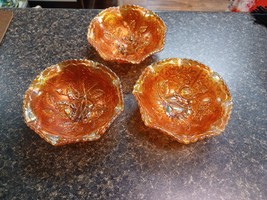 Lot 3 Vintage Marigold Carnival Glass  Roses Pattern Ruffle Edge 5&quot; Berr... - $29.69