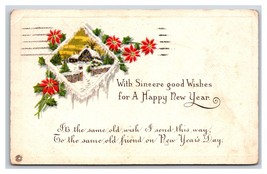Cabin Scene Poinsettia Blossoms Happy New Year DB Postcard S6 - £2.30 GBP