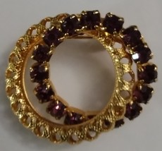 Double Ring Purple Rhinestone Brooch Scarf Pin Vintage - £12.54 GBP