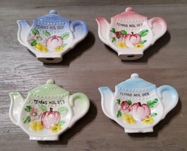 Vintage Tea Bag Japan Teapot Shape Holders Set 4 Apple Flowers Green Pin... - $27.86