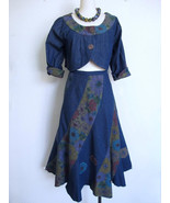 Vintage 80s Crop Jacket Skirt Set M Denim w Flower Applique Artsy Handma... - $61.01 CAD