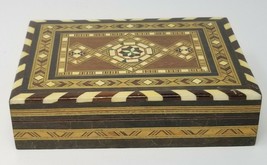 Card Box Handmade Wood Mosaic Brown Cream Green Geometric Angles Divided Vintage - $37.95