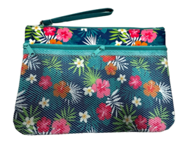 Makeup Bag Cosmetic Pouch Wristlet Blue Hawaiian Floral 12 NEW Nicole&#39;s Boutique - $10.00