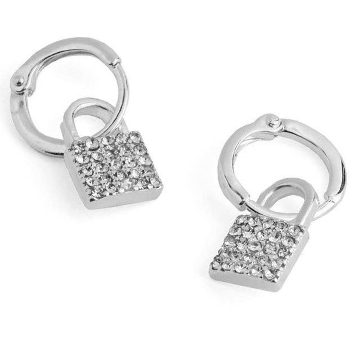Silver Hoop Crystal Stone Lock Earrings
