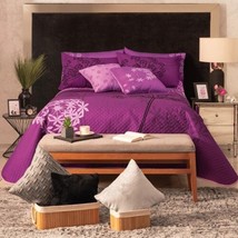 Flowers Purple Reversible Bedspread Set Sheet Set And Curtains 12 Pcs King Size - £201.78 GBP
