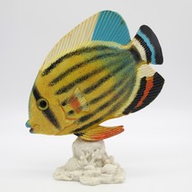 Angelfish on Coral Figurine Paper Mache Lrg. Fish Striped Yellow Blue Re... - $12.79