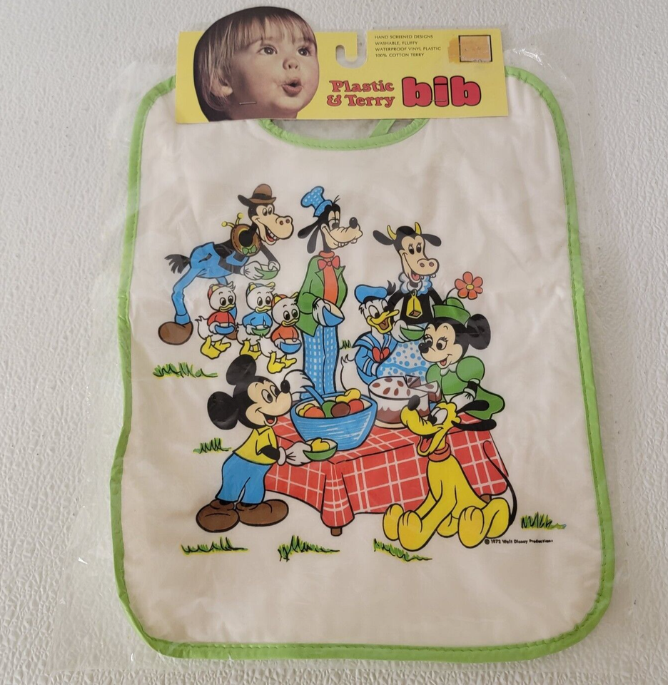 Vintage 1972 Baby Bib Plastic &amp; Terry Disney Mickey Minnie &amp; Friends Glenco - $15.74
