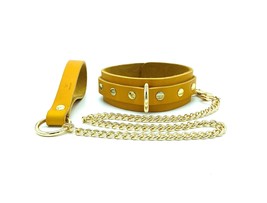 BDSM Collar &amp; Leash Set,  Yellow Leather Collar with Gold Chain Leash, M... - £75.05 GBP