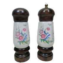 Ceramic and Wood Salt &amp; Pepper Shakers Grinders Mill Floral Garden Kitchen Vtg - £22.13 GBP