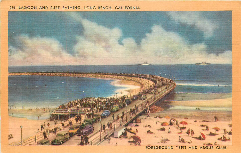 Linen Postcard B675 Lagoon and Surf Bathing Long Beach CALIF Spit Argue ... - $3.47