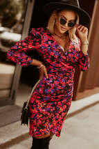 Floral Long Puff Sleeve Tulip Hem Dress - £42.37 GBP