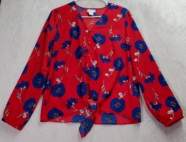 Liz Claiborne Blouse Top Women Small Red Blue Floral Polyester V Neck Button Hem - £14.21 GBP