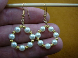 (EE-802-8) White 6 mm beaded pealized glass hoop dangle circle gold earrings - £22.05 GBP