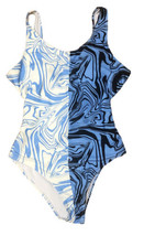 Plus Size 1X 50/50 Swirls Print Blue White Black Tie Back One Piece Swim... - £12.41 GBP