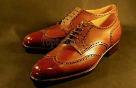 Handmade Men&#39;s Leather Genuine Cognac Oxfords Brogue Lace Up Classic Shoes-50 - £183.84 GBP