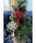 Handmade Crocheted Ornaments w/tassel, White, Green, &amp; Red, 4 1/2 ins. long - $9.90
