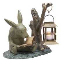 Aluminum Whimsical Bunny Rabbit Reading Book By Midnight Candle Lantern Statue - £88.72 GBP