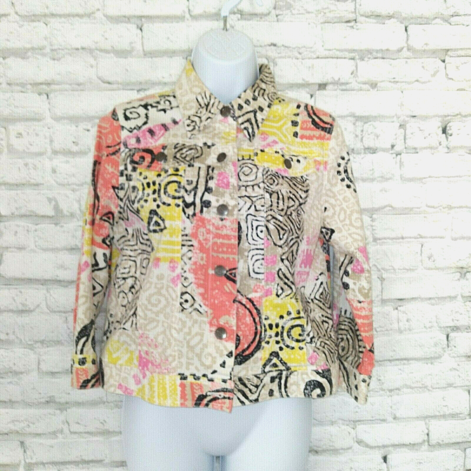 Lara Lane Jacket Womens Petite 8 Geometric Aztec Tribal Button Up Denim - $19.99