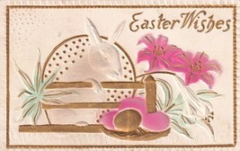 Easter Wishes Rabbit Flowers Heavily Embossed Postcard E12 - $2.96