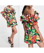 TOPSHOP Women Bold Floral Ruffle Bardot Mini Dress Cotton Blend Multi, S... - $41.09 CAD