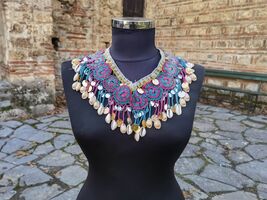 Crochet colorful neckline with shells decorations, vintage colorful flor... - $30.00