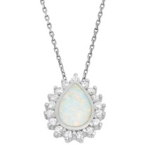 Sterling Silver White Inlay Opal Teardrop with CZ Border Pendant - £26.70 GBP