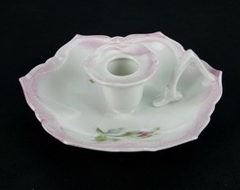 Glazed Porcelain Candlestick, Hand Painted Flowers, Pink Borders, Loop Handle - £10.99 GBP