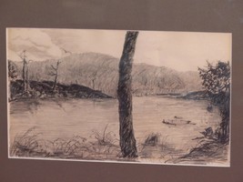 Vintage River Landscape Pencil Drawing Signed M Langille Tamarack Sketch... - $25.65