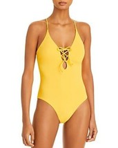 MSRP $98 Aqua Swim Lace Up Plunge One Piece Yellow Size Large (STAINED) - £19.77 GBP