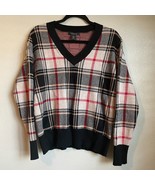 Tahari Sweater Size Medium Plaid Dark Academia V Neck Black Red Grey Red... - $460.37 MXN