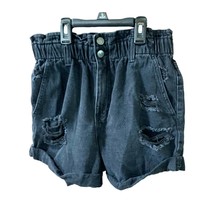 Forever 21 Womens Size M Black Denim Shorts Distressed Paper Bag Waist Cuffed Je - £6.22 GBP