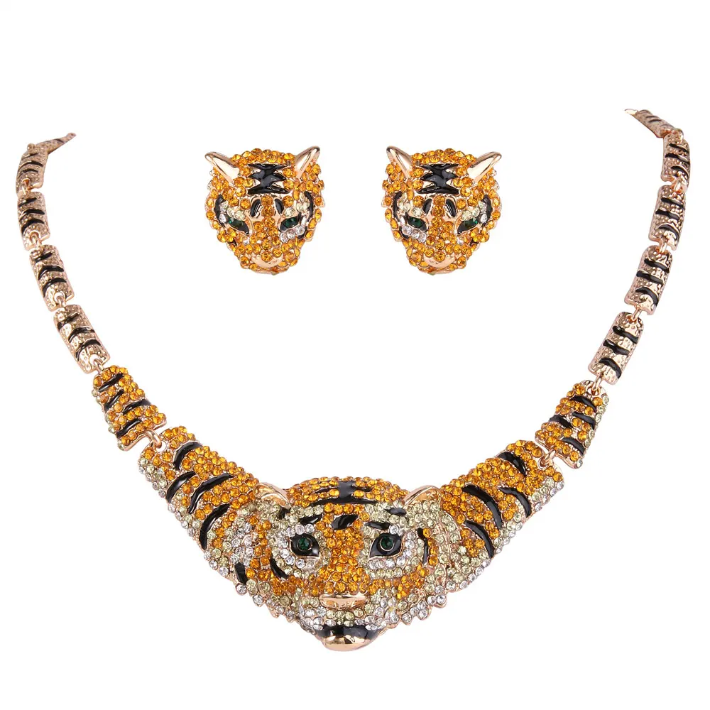 Tiger Necklace Earrings For Women Animal Choker Collier Femme Jewelry Set Crysta - £57.48 GBP
