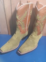 Womens cowboy boots custom, green L, br suede overlay U size:7 B p601 - $401.12