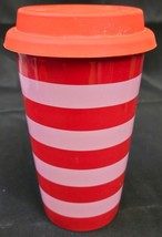 Ceramic Stoneware Tumbler Striped  12oz Coffee Cup W/ 2 Silicone Lids - £6.99 GBP