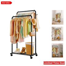 Elegant Double Rod Clothing Rack with Mesh Shelf &amp; Wheels - Black, 59.1"... - $63.31