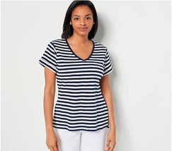 Encore by Idina Menzel Slub Striped V-Neck Tee (Midnight/Oyster, 1X) A508780 - $16.84