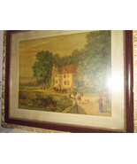 Castle garden painting lithography Red Roof house - $3,035.62 MXN